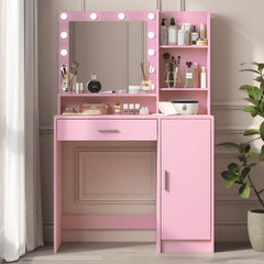 HAOYYE Vanity Desk with Mirror & Light, Large Drawer Three Level Storage Dresser, 3 Lighting Modes Adjustable Brightness, Bedroom Dressing Table(Pink) with modern design, luxury style, durable.