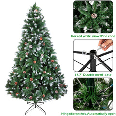 HAOYYE White Christmas Tree 6FT with 920 Branches and 52 Pine Cones, Flocking Spray Design, Easy Setup with Sturdy Metal Base, Full Holiday Decoration for Living Room, Bedroom, Office, and Home Celebration