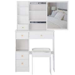 HAOYYE Small Size Left Drawer Desktop Vanity Table + Cushioned Stool, Extra Large Sliding Mirror, Multi Layer, High Capacity Storage Fashionable Dresser, Suitable for Small Space, EPA,GCC,UL Certificate