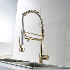 Haoyye Commercial Kitchen Faucet with Pull Down Sprayer, Single Handle Gooseneck Sink Faucet with Dual Function Spray and Stream Modes, 360° Swivel High Arc Design, Brushed Finish, Easy Installation, Heavy Duty Brass for Home, Restaurant or RV