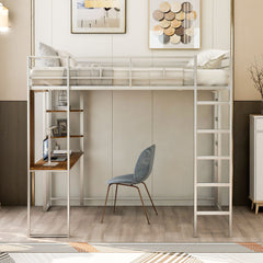 HAOYYE Full Size Metal Loft Bed with 2 Built-in Shelves & Desk, Silver – Space-Saving Design with Sturdy Metal Frame, Includes Full-Length Guardrails & Ladder, No Box Spring Needed, Perfect for Small Bedrooms & Dorm Rooms
