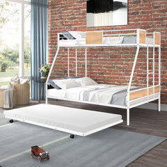 HAOYYE Metal Twin over Full Bunk Bed with Trundle/ Heavy-duty Sturdy Metal/ Noise Reduced/ Safety Guardrail/ Wooden Decoration/ Convenient Trundle / Bunk Bed for Three/ CPC Certified/ No Box Spring Needed