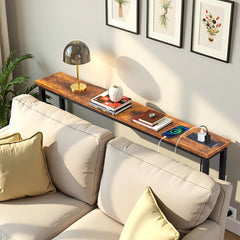 HAOYYE Console Sofa Table with Power Outlets and USB Ports, Slim Skinny Couch Table with Metal Frame and Charging Station, Ideal for Apartments, Living Rooms, and Dorms, Rustic Brown
