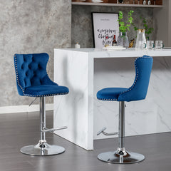 HAOYYE Swivel Velvet Barstools with Adjustable Seat Height, Modern Upholstered Bar Stools with Chrome Base and Comfortable Tufted Back for Kitchen Island and Home Pub, Set of Two, Blue
