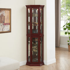 HAOYYE Corner Curio Cabinet with Built-In Lights, Adjustable Tempered Glass Shelves, Mirrored Back Panel, Modern Display Cabinet, Cherry Finish, Sturdy and Space-Saving Design, Ideal for Living Room or Dining Room