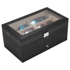 HAOYYE Leather 12-Piece Eyeglasses Storage and Sunglass Display Drawer, Lockable Case Organizer, Black, Premium Quality, Soft Cozy Warm Flannel Fleece Interior, Luxury Comfortable Unique Design, Ideal for Home Decor, Glasses Protection, and Organization