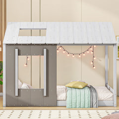 HAOYYE Twin Size House Platform with Roof and Window, White+Antique Grey(Old SKU: WF294130AAE) Sturdy Space-Saving Heavy Duty Modern Design Adults Dorm Room Easy Assembly Bedroom Furniture