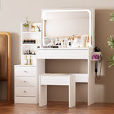 HAOYYE Vanity table with LED-lit mirror with power outlet and hairdryer shelving, with 4 drawers and upholstered stool, brightness adjustable in 3 lighting modes, storage table, White,