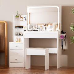 HAOYYE Vanity table with LED-lit mirror with power outlet and hairdryer shelving, with 4 drawers and upholstered stool, brightness adjustable in 3 lighting modes, storage table, White,