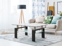 HAOYYE Rectangle Black Glass Coffee Table, Clear Glass Top Modern Side Center Table for Living Room, Stylish and Sturdy Furniture with Space-Saving Design, Heavy Duty, Ideal for Living Room or Dorm Room