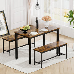 HAOYYE Dining Table Set with 2 Benches, Industrial Bar Table with Chairs for Kitchen, Breakfast Nook, Living Room, Party Room, Rustic Brown & Black, Sturdy Space-Saving Design for Small Spaces, Modern Home Furniture
