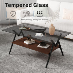 HAOYYE Rectangle Coffee Table with Tempered Glass top and Brown MDF Shelf, Modern Table for Living Room, Gray Glass Sturdy Space-Saving Heavy Duty Modern Design Adults Dorm Room Easy Assembly