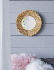 HAOYYE 14" Gold Beaded Sunburst Mirror, Round Accent Wall Mirror for Living Room, Entryway, Bathroom, Office, Foyer Sturdy Space-Saving Heavy Duty Modern Design Adults Dorm Room Easy Assembly
