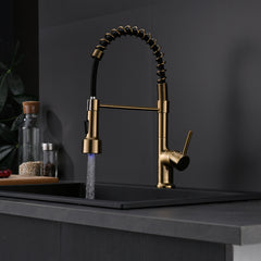 Haoyye Commercial LED Kitchen Faucet with Pull Down Sprayer, Single Handle High Arc Sink Faucet with Stream and Spray Modes, 360° Swivel Spout, Heavy Duty Brass Design, Easy to Install, Modern Space-Saving Fixture for Home, Farmhouse, or RV Kitchen