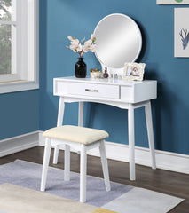HAOYYE Maly Contemporary Wood Vanity and Stool Set, White Makeup Vanity Table with Mirror and Storage Drawers, Elegant Dressing Table with Cushioned Stool for Bedroom, Compact Vanity Desk for Small Spaces, Stylish Beauty Station for Girls and Women