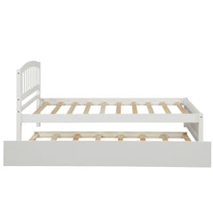 HAOYYE Twin size Platform Bed Wood Bed Frame with Trundle, White Sturdy Space-Saving Heavy Duty Modern Design Easy Assembly Durable Stylish Home Furniture Versatile