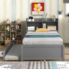 HAOYYE Twin Bed with Trundle,Bookcase,Grey Sturdy Space-Saving Heavy Duty Modern Design Adults Dorm Room Easy Assembly Bedroom Furniture