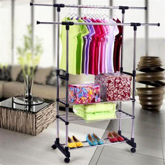 HAOYYE Dual Bars Horizontal & Vertical 3-Tier Stainless Steel Clothing Rack, Space-Saving Garment and Shoe Organizer, Durable and Versatile Storage Solution, Modern Design for Home or Office