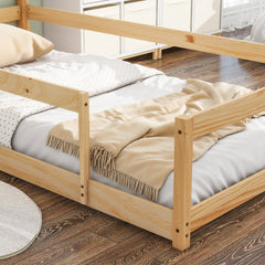 Haoyye Twin Size Wood Bed with House-Shaped Headboard, Floor Bed Frame with Fences and Guardrails, Low Platform Design for Bedroom or Dorm, Sturdy Pine Construction, Space-Saving and Heavy Duty, Easy Assembly, Ideal for Cozy Sleeping Spaces
