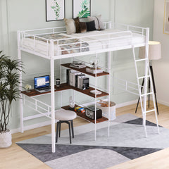 HAOYYE Twin Size Metal Loft Bed and Built-in Desk and Shelves,White Sturdy Space-Saving Heavy Duty Modern Design Adults Dorm Room Easy Assembly Bedroom Furniture