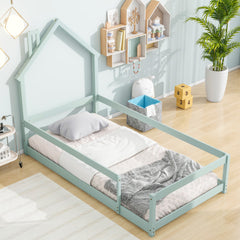 HAOYYE Twin Size Wood Bed with House-Shaped Headboard, Floor Bed with Fences,Sturdy Space-Saving Heavy Duty Modern Design, Easy Assembly for Bedroom or Dorm Room