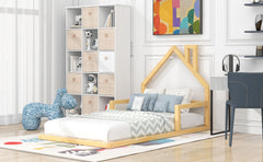 HAOYYE Twin Size Wood Floor Bed with House-shaped Headboard, Natural Sturdy Space-Saving Heavy Duty Modern Design Adults Dorm Room Easy Assembly Bedroom Furniture