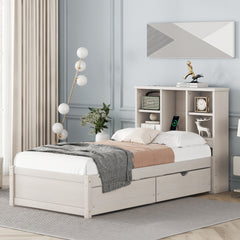 HAOYYE Modern Twin Size Bed Frame with Built-In USB Port on Bookcase Headboard and Two Drawers for White Washed Color, Sturdy Space-Saving Design, Heavy Duty Construction, Easy Assembly, Durable and Stylish Home Furniture
