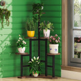 HAOYYE Multi-Tier Plant Stand Indoor Outdoor Metal Flower Shelf with 6 Round Wood Grain Display Trays Modern Corner Planter Holder Rack for Living Room Balcony Garden Patio Decor