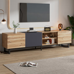 HAOYYE Modern TV Stand with 3 Cabinets and Open Shelves, Color-Matched Media Console Table for TVs up to 80 Inches, Entertainment Center with Drop Down Door for Living Room, Bedroom, and Home Theatre, Sturdy, Space-Saving Heavy Duty Design
