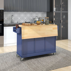 HAOYYE Rolling Mobile Kitchen Island with Drop Leaf - Solid Wood Top, Locking Wheels & Storage Cabinet 52.7 Inch Width(Dark blue) Sturdy Space-Saving Heavy Duty Modern Design Adults Dorm Room
