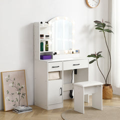 HAOYYE Vanity Desk Set with Lighted Mirror, 3-Color Adjustable Brightness, White Dressing Table with 2 Drawers, Storage Cabinet, and Upholstered Stool, Sturdy Space-Saving Design