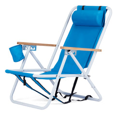 HAOYYE Folding Beach Chair Set of 2 for Adults, Portable Lightweight Backpack Camping Chairs with 4 Adjustable Recline Positions, Comfortable Headrest, Cup Holder, Wooden Armrests, Easy to Carry for Outdoor Beach, Picnic, Pool, or Camping