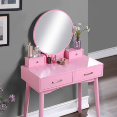 HAOYYE Liannon Contemporary Wood Vanity and Stool Set, Pink Makeup Vanity Table with Storage Drawers, Elegant Dressing Table with Round Mirror and Cushioned Stool, Stylish and Compact Design for Bedroom, Apartment, or Makeup Room