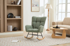 Haoyye Modern Upholstered Nursery Rocking Chair with High Backrest, Teddy Fabric Glider Accent Armchair with Solid Wood Legs and Metal Frame, Comfortable Rocker for Bedroom, Living Room or Lounge, Gentle Swing Chair in Green