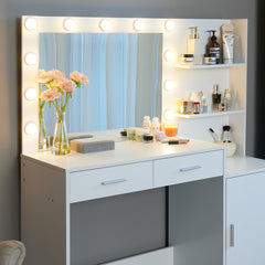 HAOYYE Vanity Desk with Mirror and Lights, 46.4IN Dressing Table with 2 Large Drawer&Large Vertical Organizer, 3 Level Dresser & 3 Lighting Modes Adjustable Brightness, Suitable for Bedroom(White)