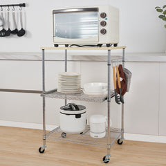 HAOYYE 3-Tier Wire Rolling Kitchen Cart – Durable Metal Storage Cart With Oak Top, Adjustable Shelves, Chrome Hooks, And Heavy-Duty Wheels, Perfect For Kitchen, Pantry, And Home Organization – Stylish, Rust-Resistant, Premium Quality.