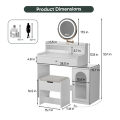 HAOYYE White Vanity Desk with 360° Rotated Mirror and Adjustable Lights, Girls Makeup Vanity Table with Storage Drawer, Side Cabinet with Waveform Glass Doors, Stylish Dressing Table with Chair for Bedroom, Elegant Storage Solution for Beauty Essentials.