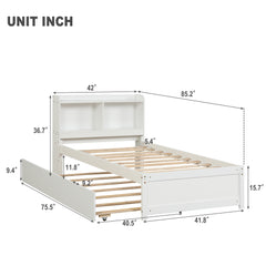 HAOYYE Twin Bed with Trundle,Bookcase,White Sturdy Space-Saving Heavy Duty Modern Design Adults Dorm Room Easy Assembly Bedroom Furniture