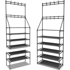 HAOYYE 5-Tier Shoe Rack with Hooks Narrow Freestanding Shoe Storage Organizer for Entryway Hallway Closet Bedroom and Living Room Space-Saving Shelf with 8 Hooks for Coats Bags and Accessories Durable Metal Frame and Easy Assembly