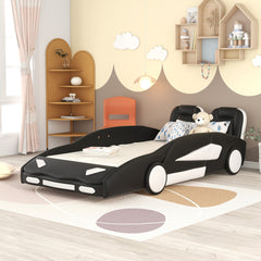 HAOYYE Twin Size Race Car-Shaped Platform Bed with Wheels, Black Sturdy Space-Saving Heavy Duty Modern Design Adults Dorm Room Easy Assembly Bedroom Furniture