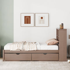 HAOYYE Twin Bed Frame with USB Port, Bookcase Headboard and Storage Drawers, Walnut Finish, Sturdy Space-Saving Design, Heavy Duty, Easy Assembly, Ideal for Bedroom and Dorm Room