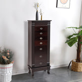 HAOYYE Standing Jewelry Armoire Cabinet with Makeup Mirror, Large Storage Organizer with 7 Drawers, 2 Swing Doors, 16 Necklace Hooks, and Top Divided Storage, Elegant Dark Brown and Beige Flannel Design for Bedroom or Dressing Room