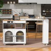 HAOYYE K&K Rolling Kitchen Island With Extended Table, Kitchen island on Wheels with LED Lights,Power Outlets and 2 Fluted Glass Doors, Kitchen Island with a Storage Compartment and Side 3 Open Shelves,White