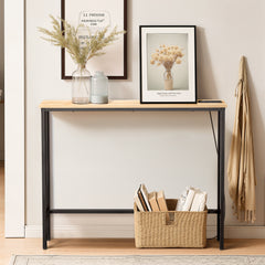 HAOYYE Oak Narrow Console Sofa Table With Built-In Power Outlets And USB Ports, Skinny Couch Table With Metal Frame And Charging Station With Extension Cord, Space Saving Sofa Table For Apartments Dorms And Living Rooms