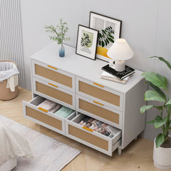 HAOYYE 6-Drawer Rattan Storage Cabinet with White Finish, Stylish and Functional Organizer for Bedroom, Living Room, or Hallway, Elegant Rattan Drawer Design, Space-Saving