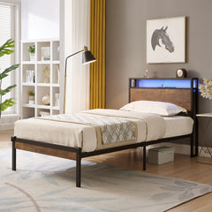 HAOYYE Twin Size Metal Platform Bed Frame with Wooden Headboard and Footboard with USB LINER, LED Lights ,No Box Spring Needed, Large Under Bed Storage, Easy Assemble Sturdy Space-Saving Heavy Duty Durable