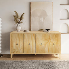 HAOYYE Vintage Storage Cabinet with Carved Scatter Pattern, 4 Door Dining Sideboard and Adjustable Shelves, Versatile Buffet and Accent Cabinet for Living Room, Kitchen, and Hallway, Sturdy and Space-Saving Design in Natural Finish