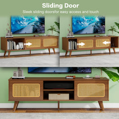 HAOYYE Mid Century Modern Rattan TV Stand for 55/60/65 inch TV , Entertainment Cabinet, Media Console for Living Room Bedroom Media Room, Solid Wood Feet & Rattan Cabinet Doors (Walnut, 59") Sturdy