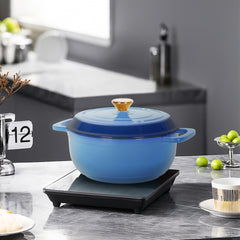HAOYYE Cast Iron 6QT Cooking Pot Gradient Blue Enamel Coating with Two Silicone Gloves Heavy Duty Durable Dutch Oven for Stovetop Oven and Outdoor Cooking Perfect for Stews Soups Casseroles and Everyday Meals