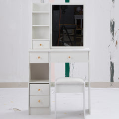 HAOYYE Small Size Left Drawer Desktop Vanity Table + Cushioned Stool, Extra Large Sliding Mirror, Multi Layer, High Capacity Storage Fashionable Dresser, Suitable for Small Space, EPA,GCC,UL Certificate